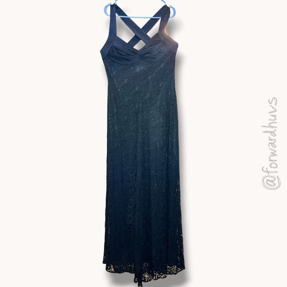 Calvin Klein Black Lace Evening Gown Y2K Formal Dress Cross Back Sz 12